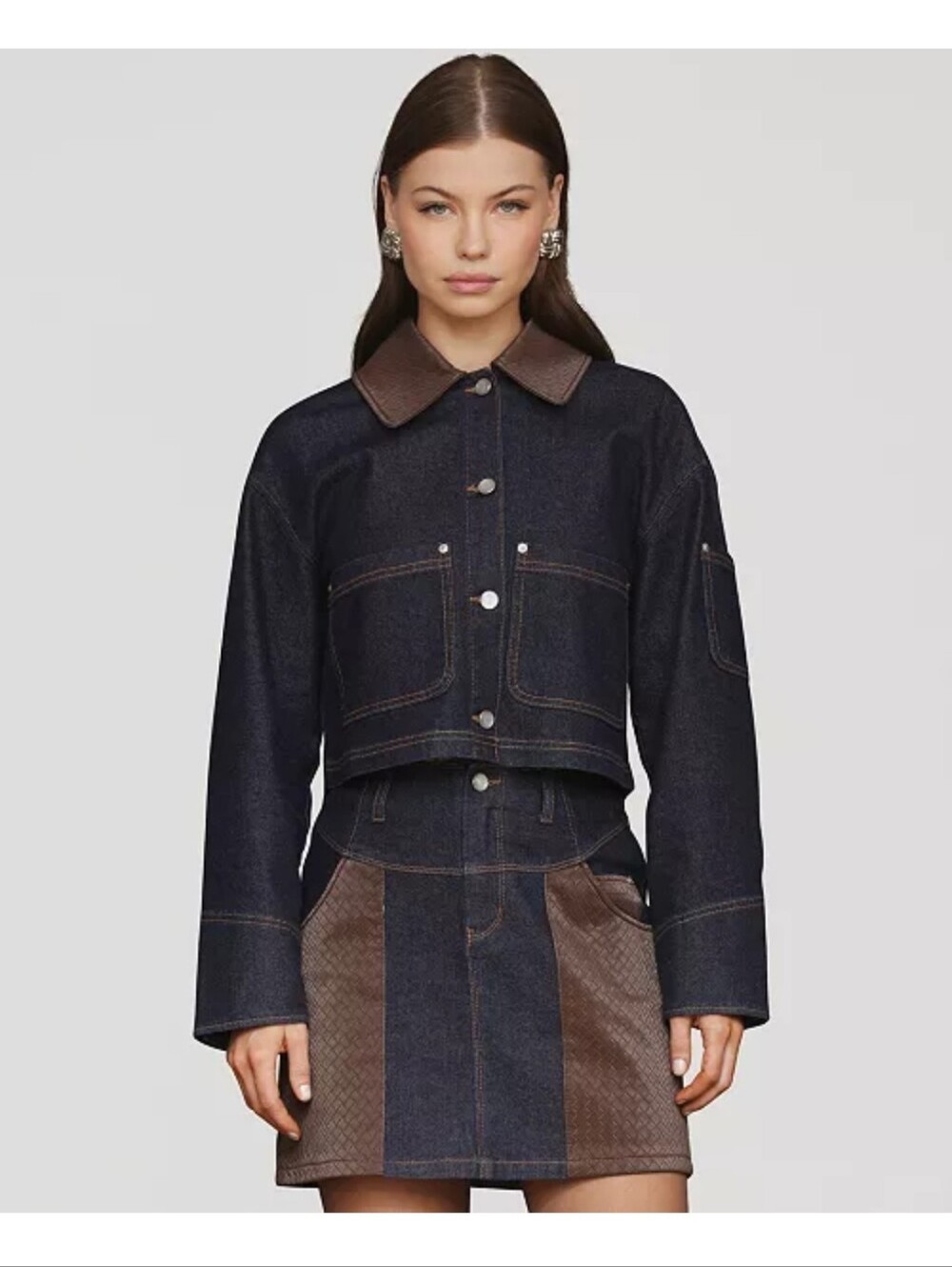 Avec les Filles NWT Denim Trucker Jacket & Coordinating Skirt w/Faux Leather M